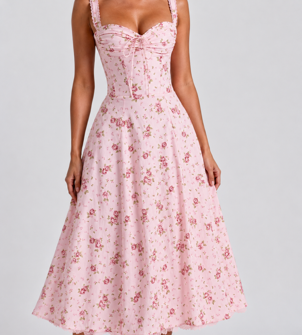 Vintage Pink Floral Corset Midi Dress