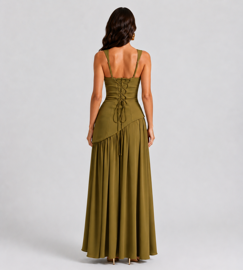 Draped Slit Maxi Dress - Olive Green