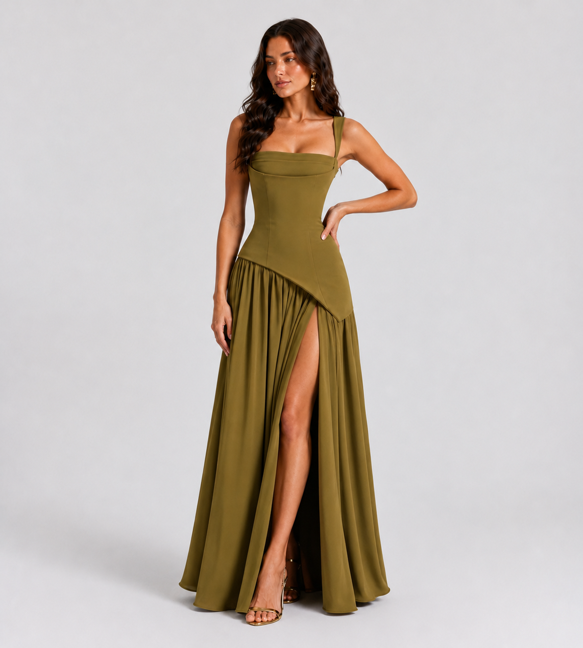 Draped Slit Maxi Dress - Olive Green