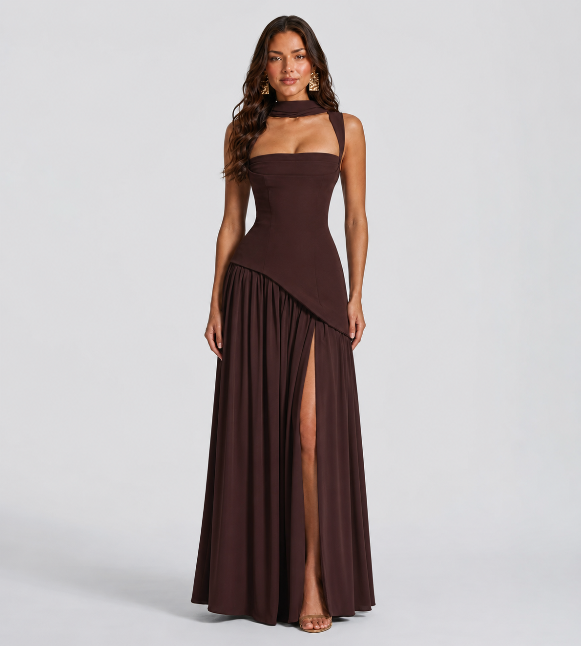 Draped Slit Maxi Dress - Mocha Brown