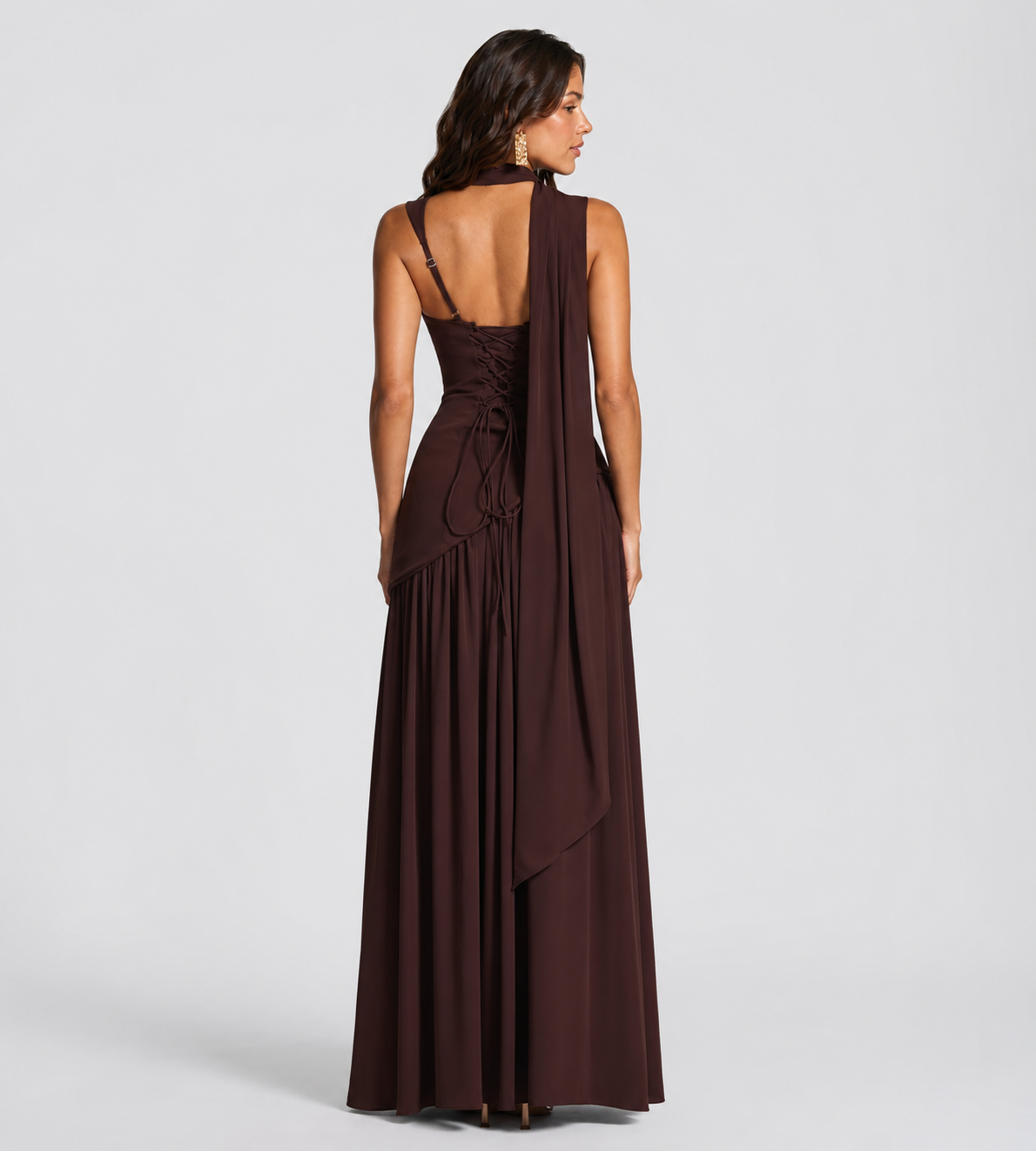 Draped Slit Maxi Dress - Mocha Brown