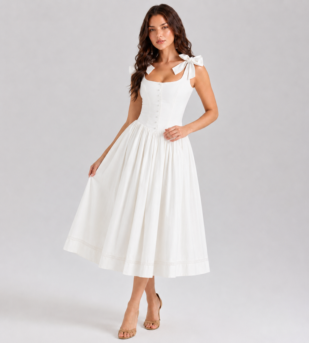 White Blossom Bow Midi Dress