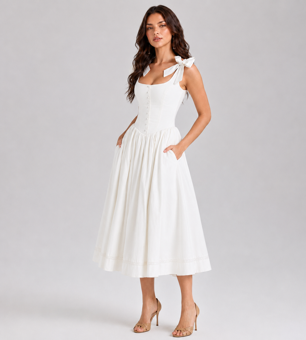 White Blossom Bow Midi Dress