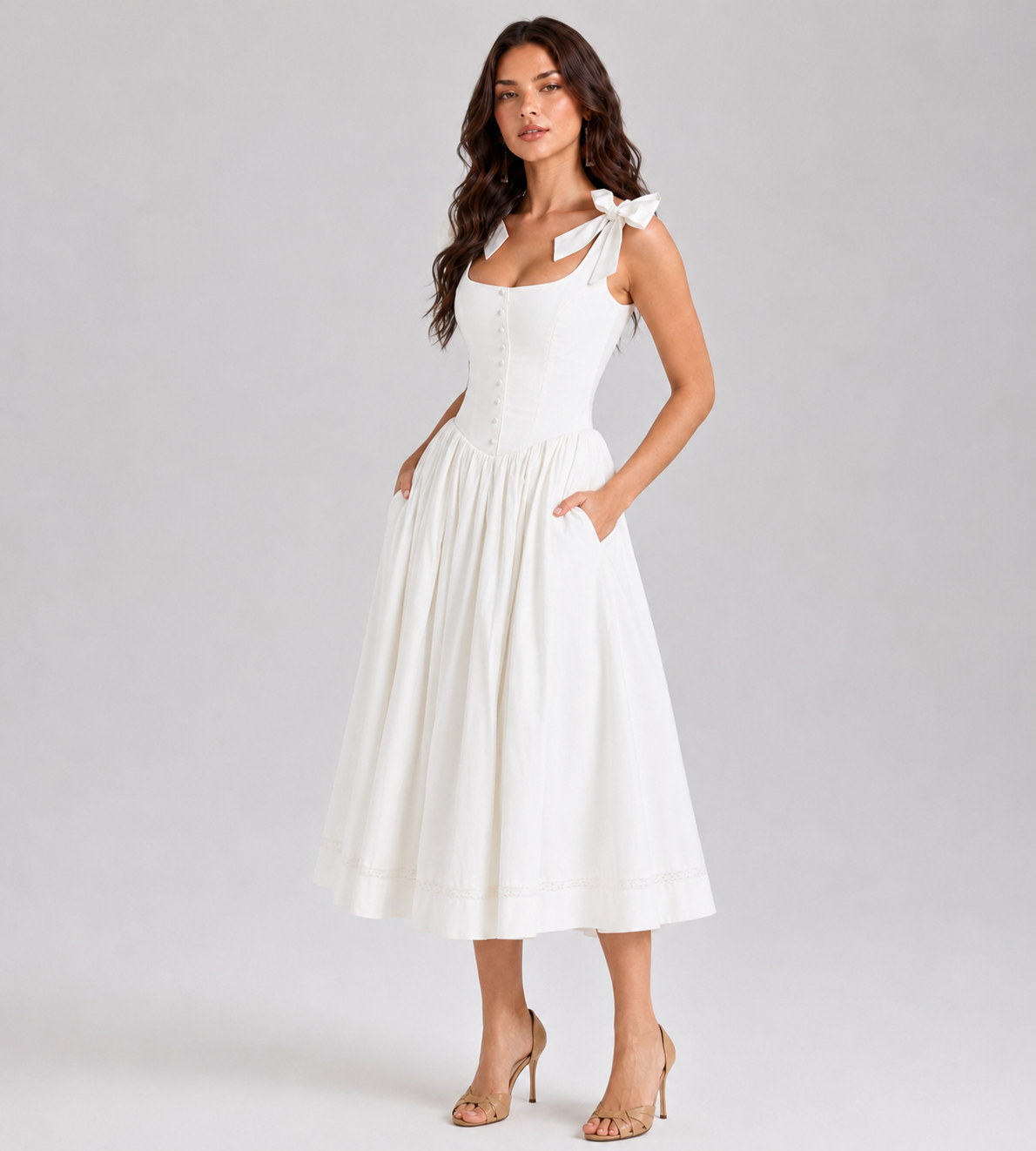 White Blossom Bow Midi Dress