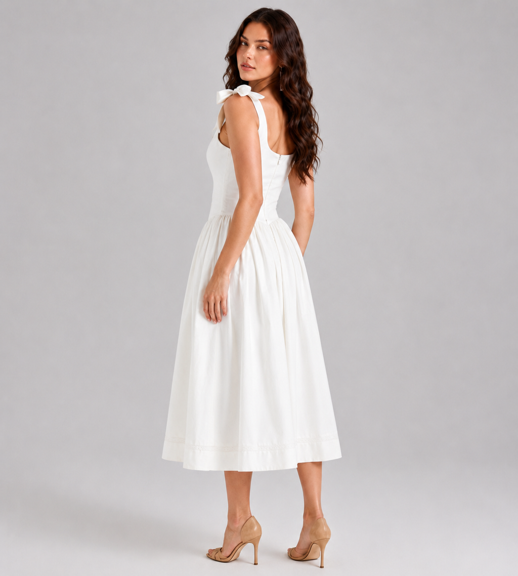 White Blossom Bow Midi Dress