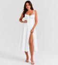 Ruched Corset Slit Midi Dress - White