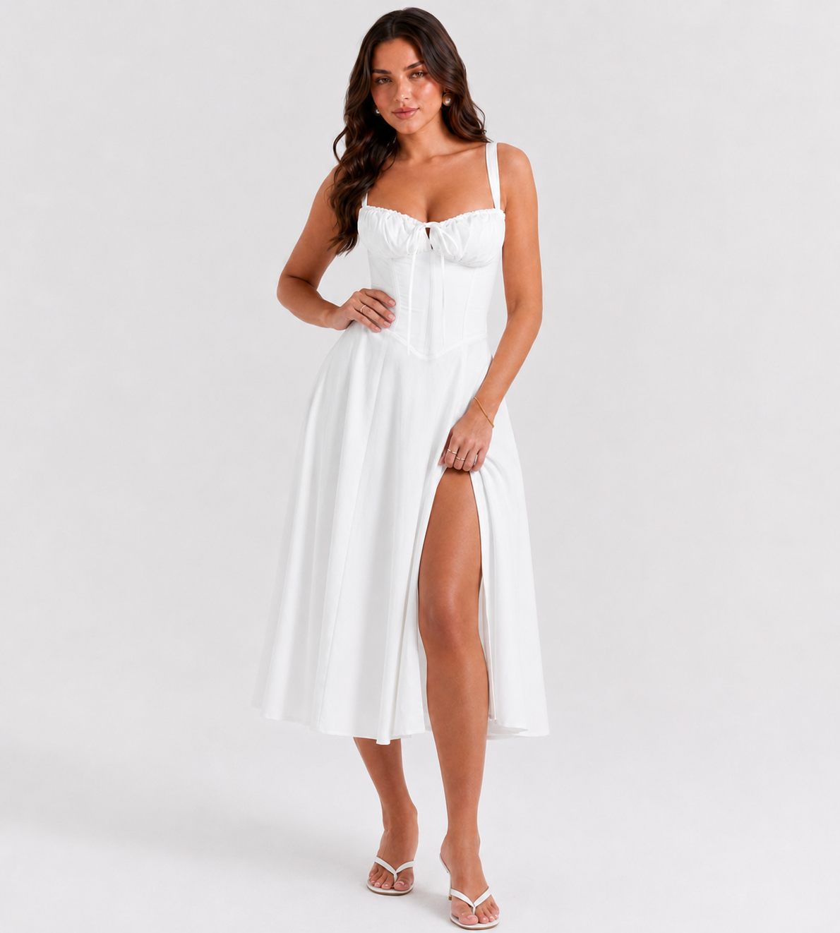 Ruched Corset Slit Midi Dress - White