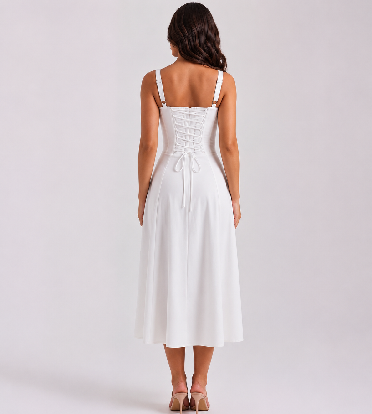 Ruched Corset Slit Midi Dress - White