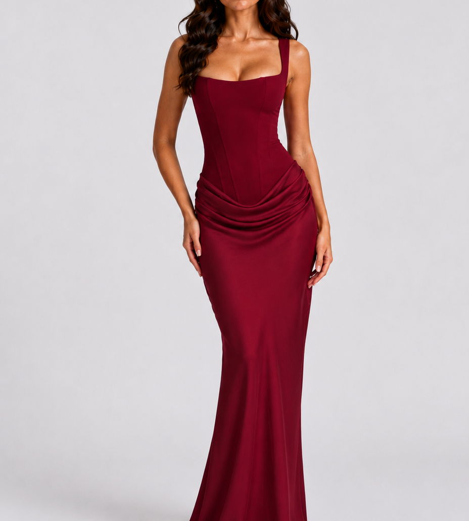Cowl Drape Corset Maxi Dress - Red