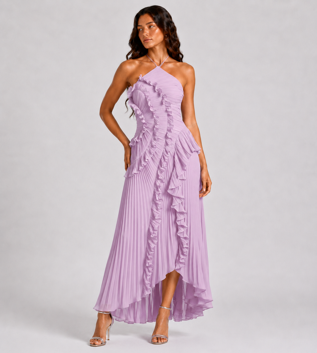Cascading Ruffle Pleated Halter Maxi Dress - Lilac