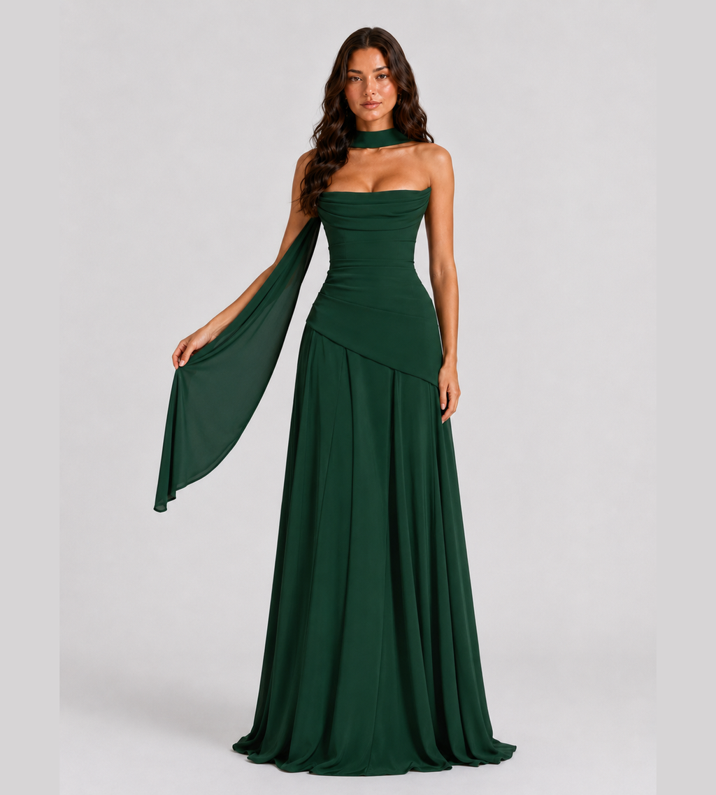 Strapless Scarf Drape Corset Maxi Dress - Forest Green