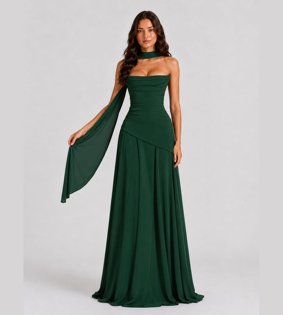 Strapless Scarf Drape Corset Maxi Dress - Forest Green