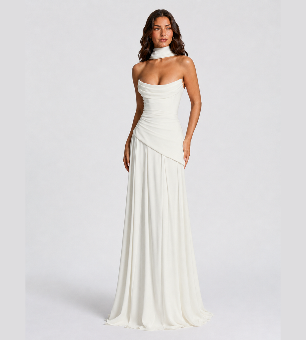 Strapless Scarf Drape Corset Maxi Dress - White
