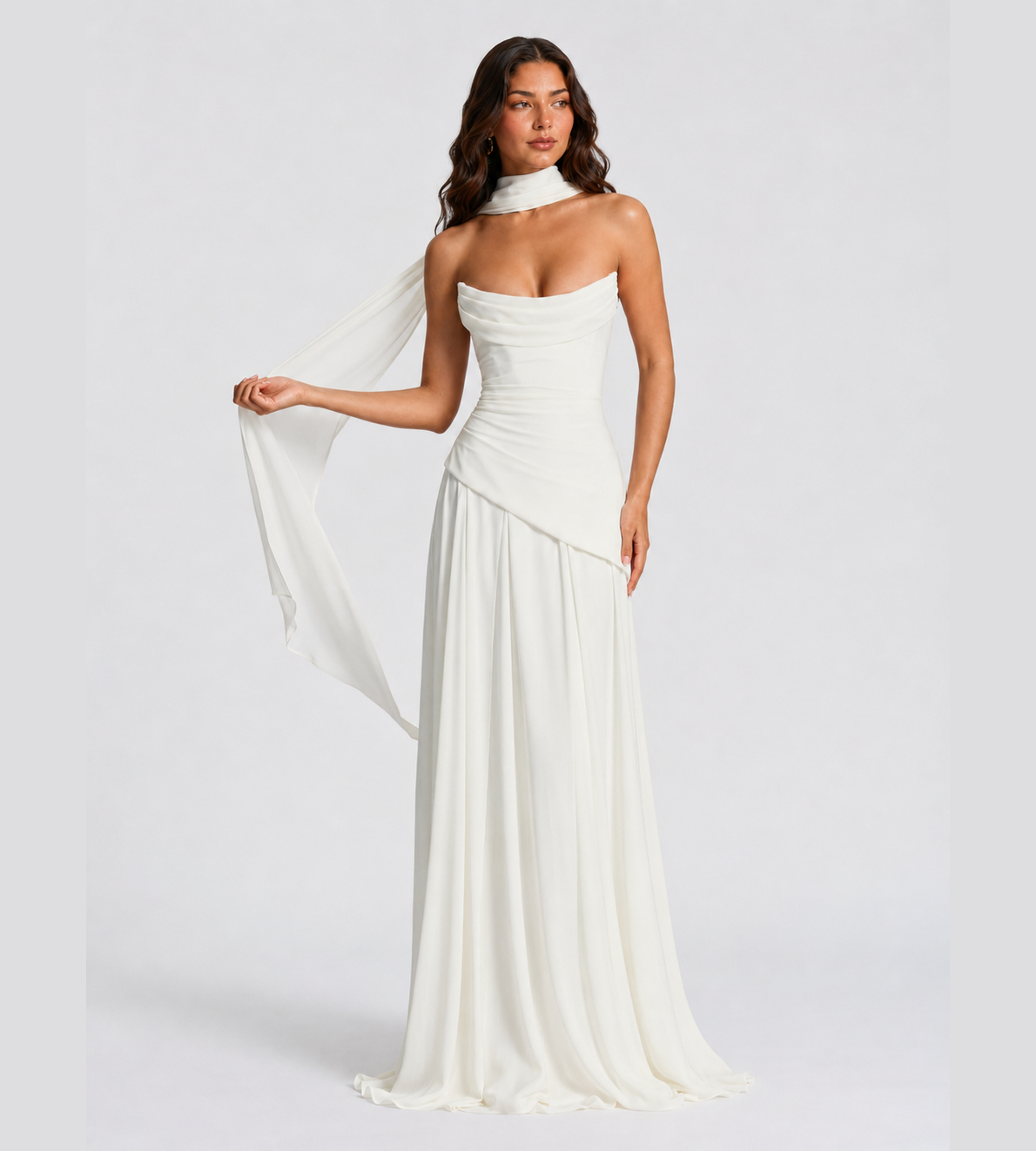 Strapless Scarf Drape Corset Maxi Dress - White