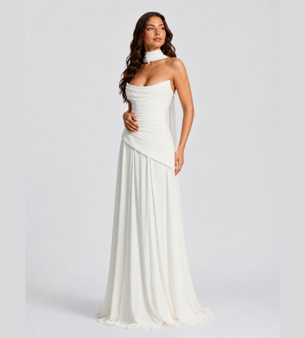 Strapless Scarf Drape Corset Maxi Dress - White