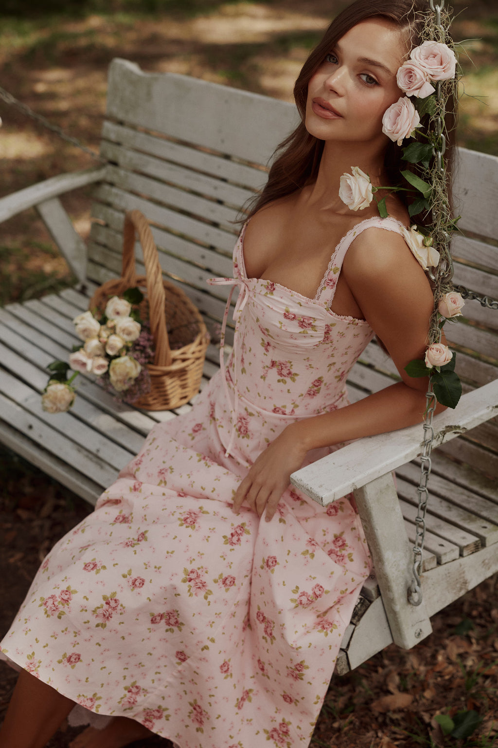 Vintage Pink Floral Corset Midi Dress
