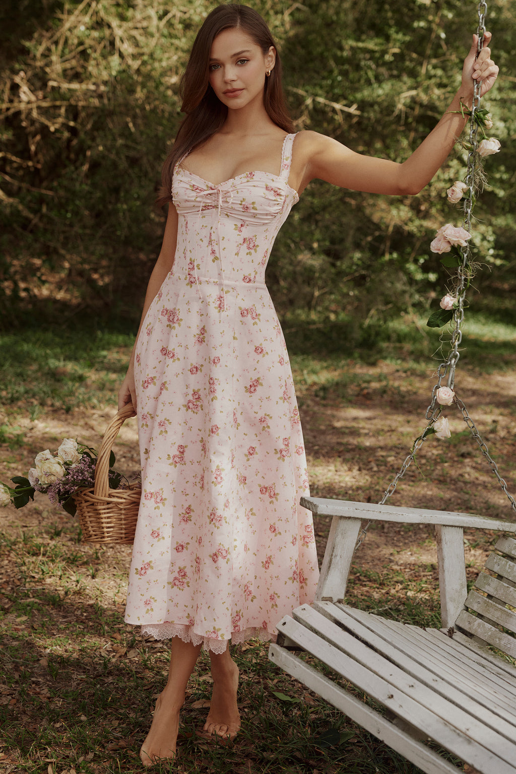 Vintage Pink Floral Corset Midi Dress